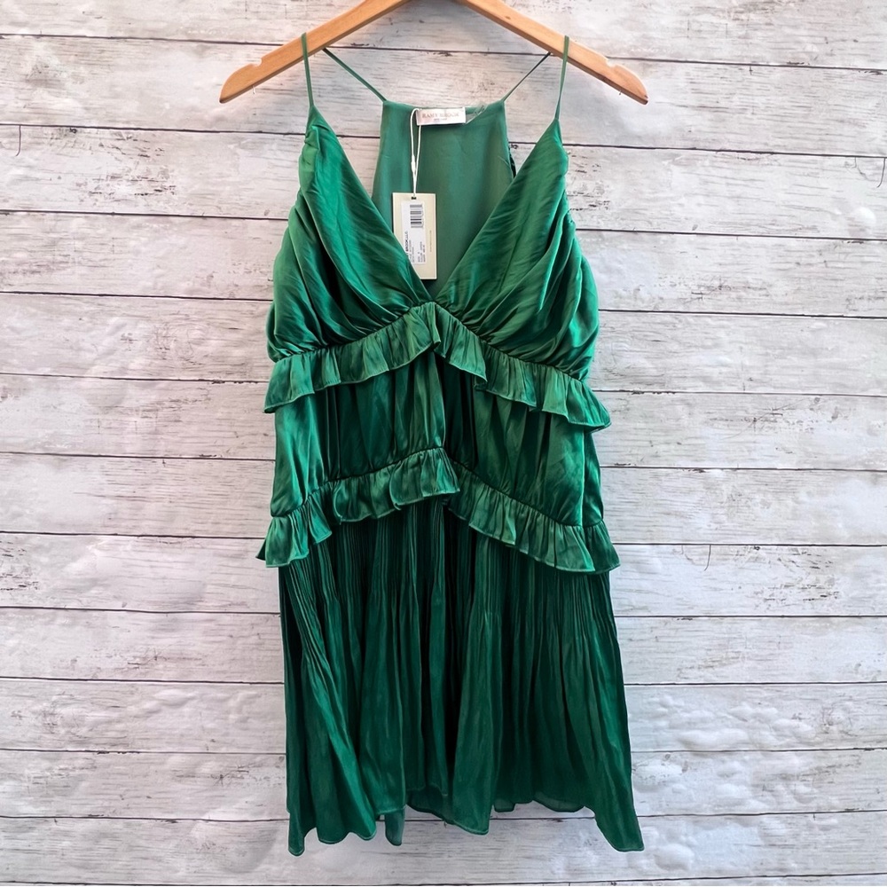 Ramy Brook Emerald Green Pleated Satin Tiered Dress NWT Size 6